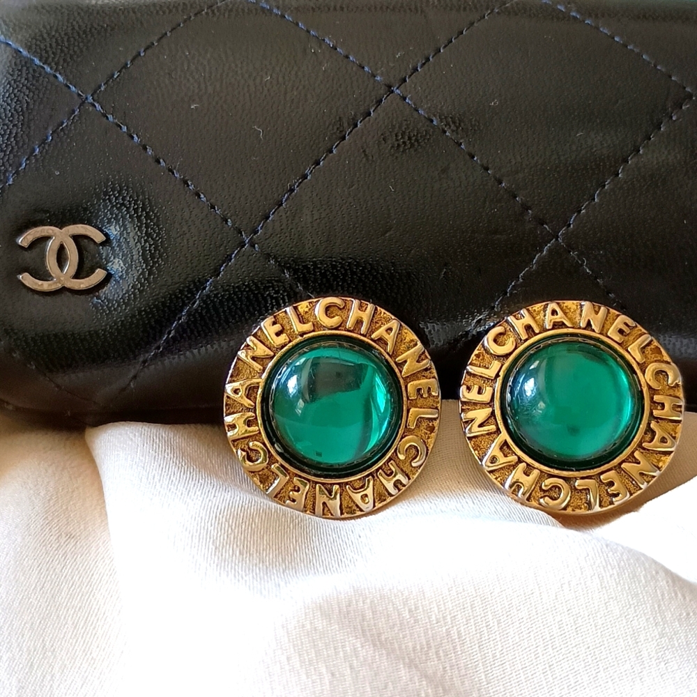 CHANEL Gold and Green Vintage Earrings